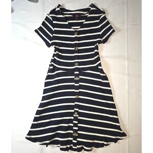 IZ Byer Girl Navy‎ Blue White Striped Ribbed Button Front Skater Dress XL 16